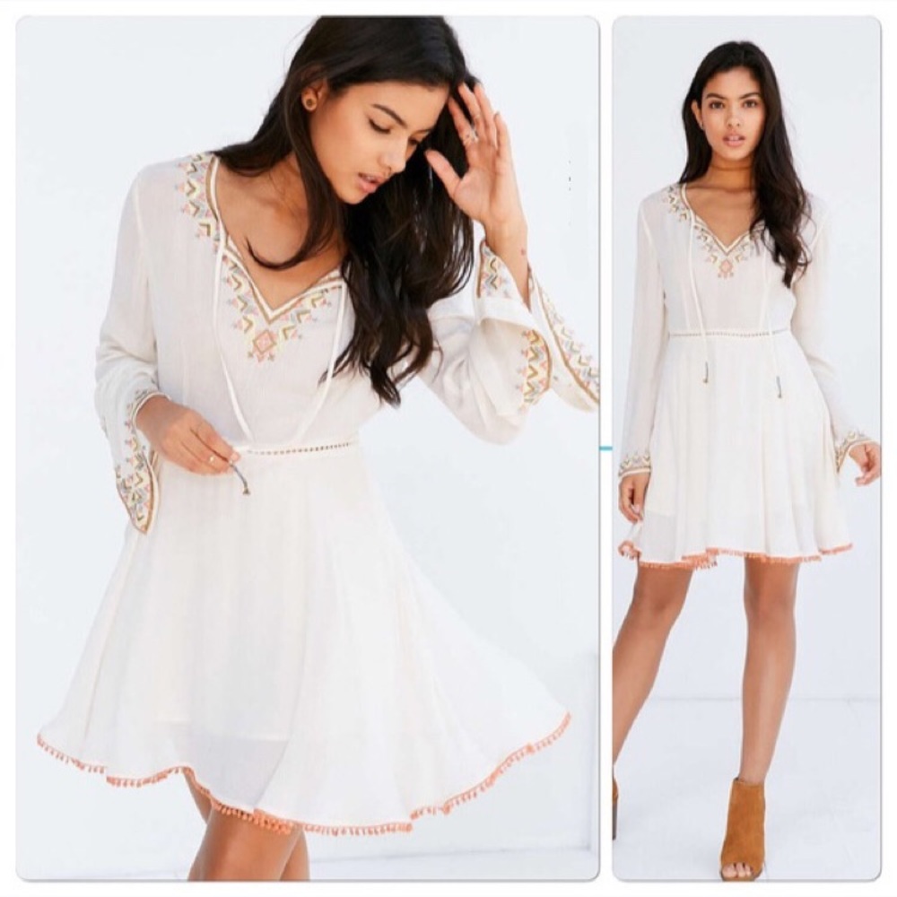 UO Ecote Holly Embroidered Bell-sleeve Dress